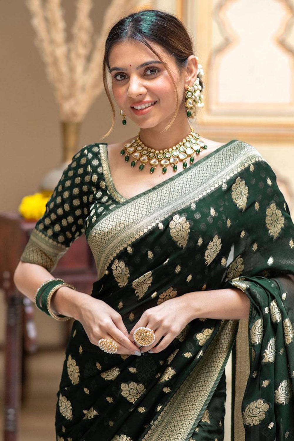 Green Cotton Saree With Weaving Work