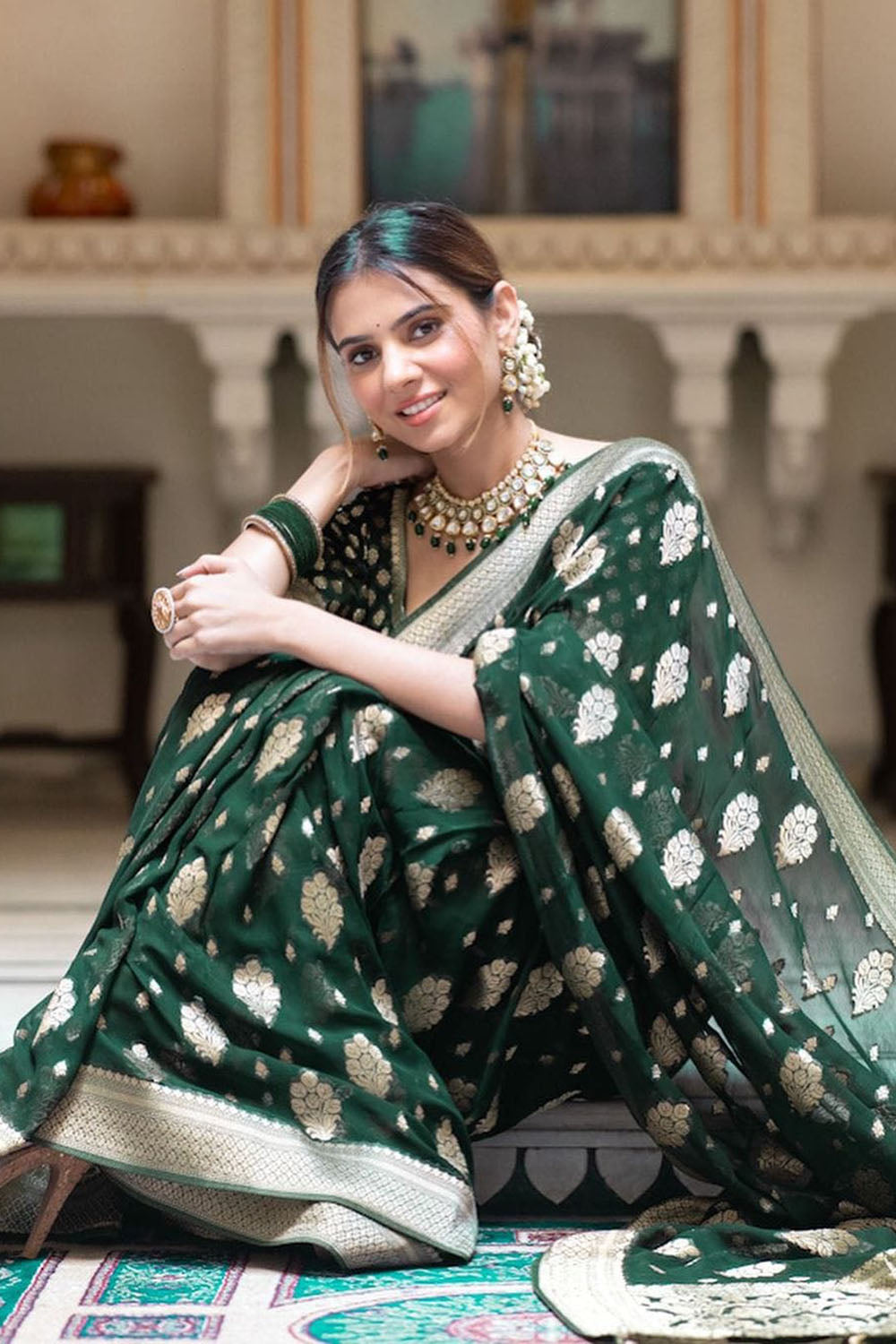 Green Cotton Saree With Weaving Work