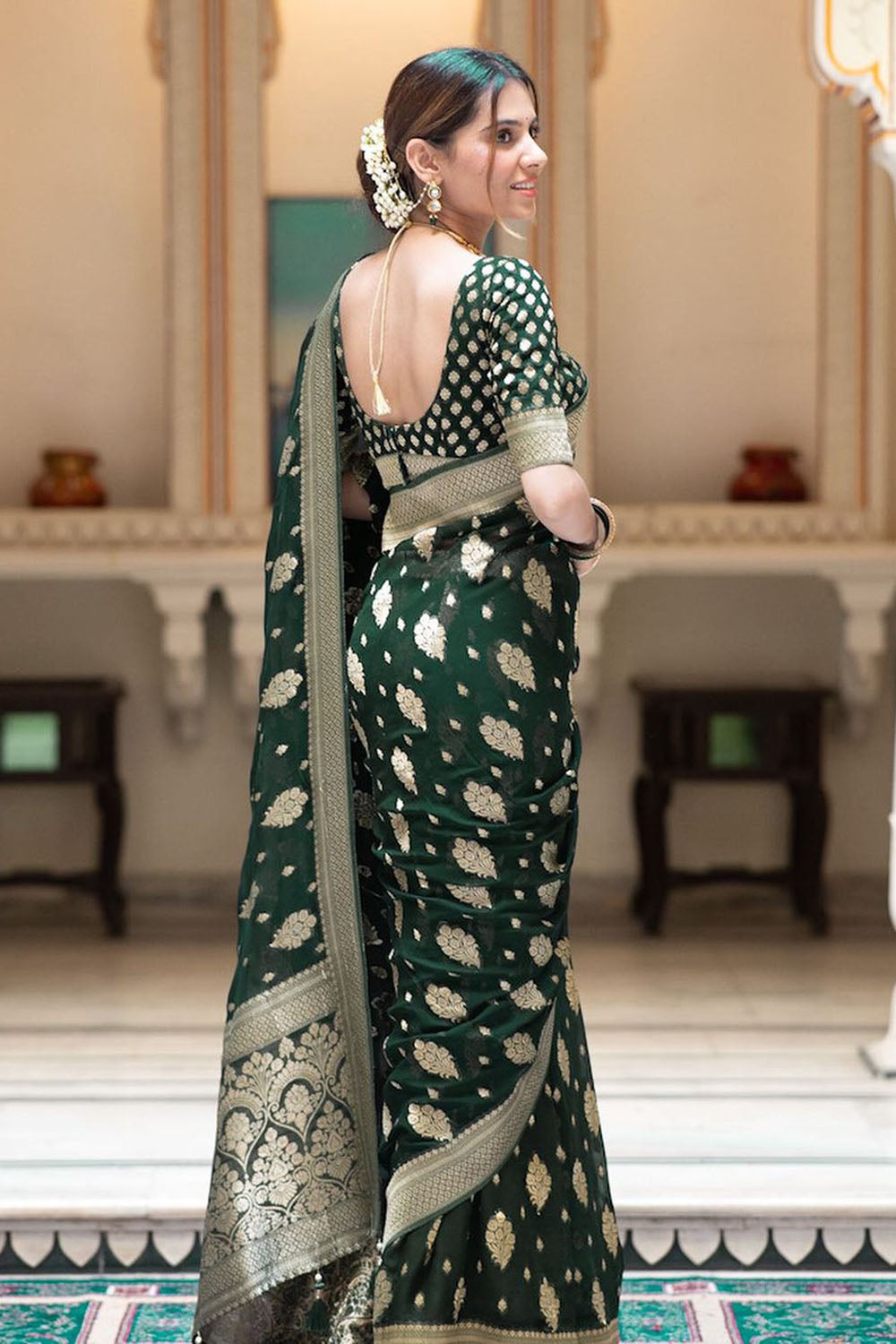 Green Cotton Saree With Weaving Work