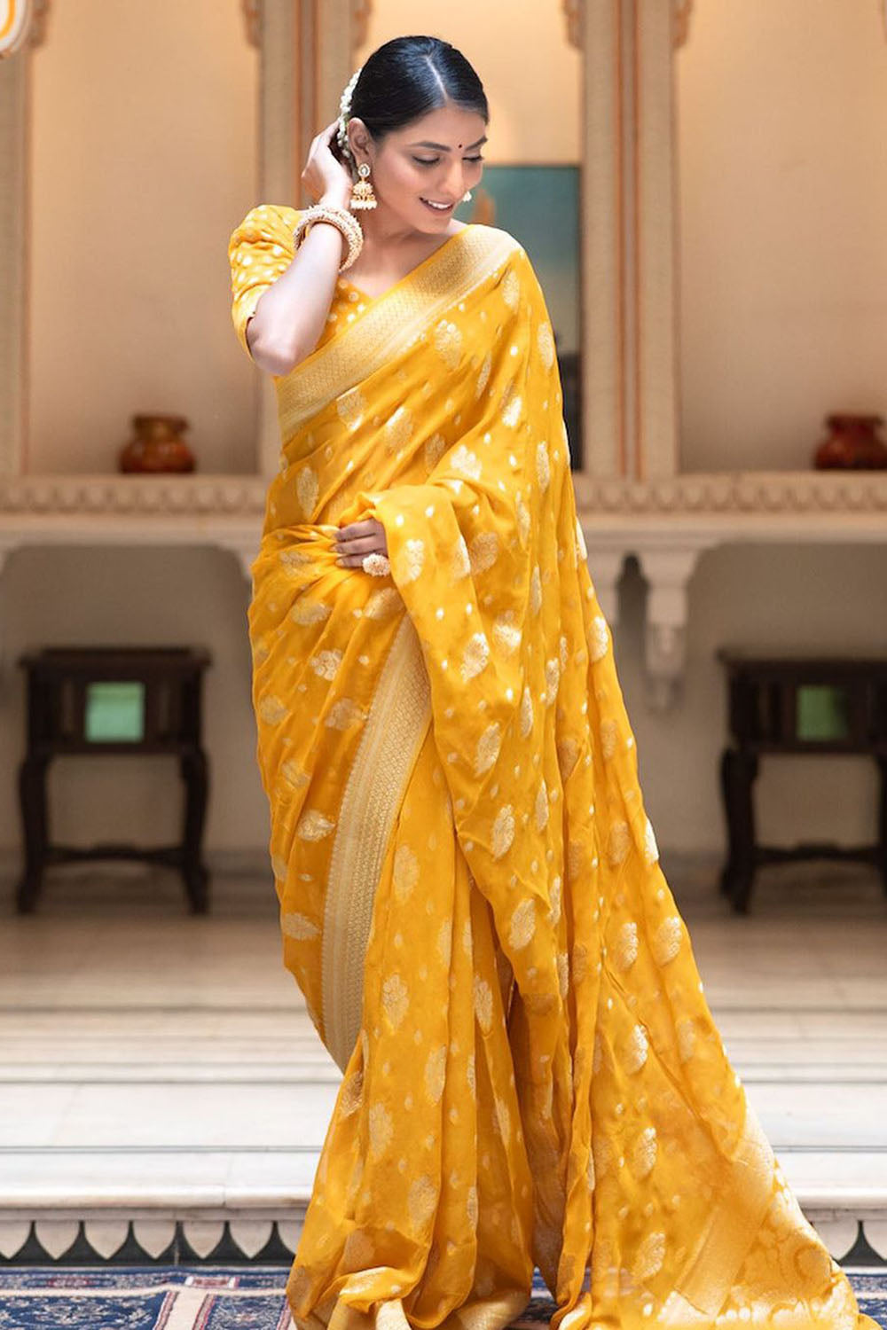 Yellow Cotton Saree With Weaving Work