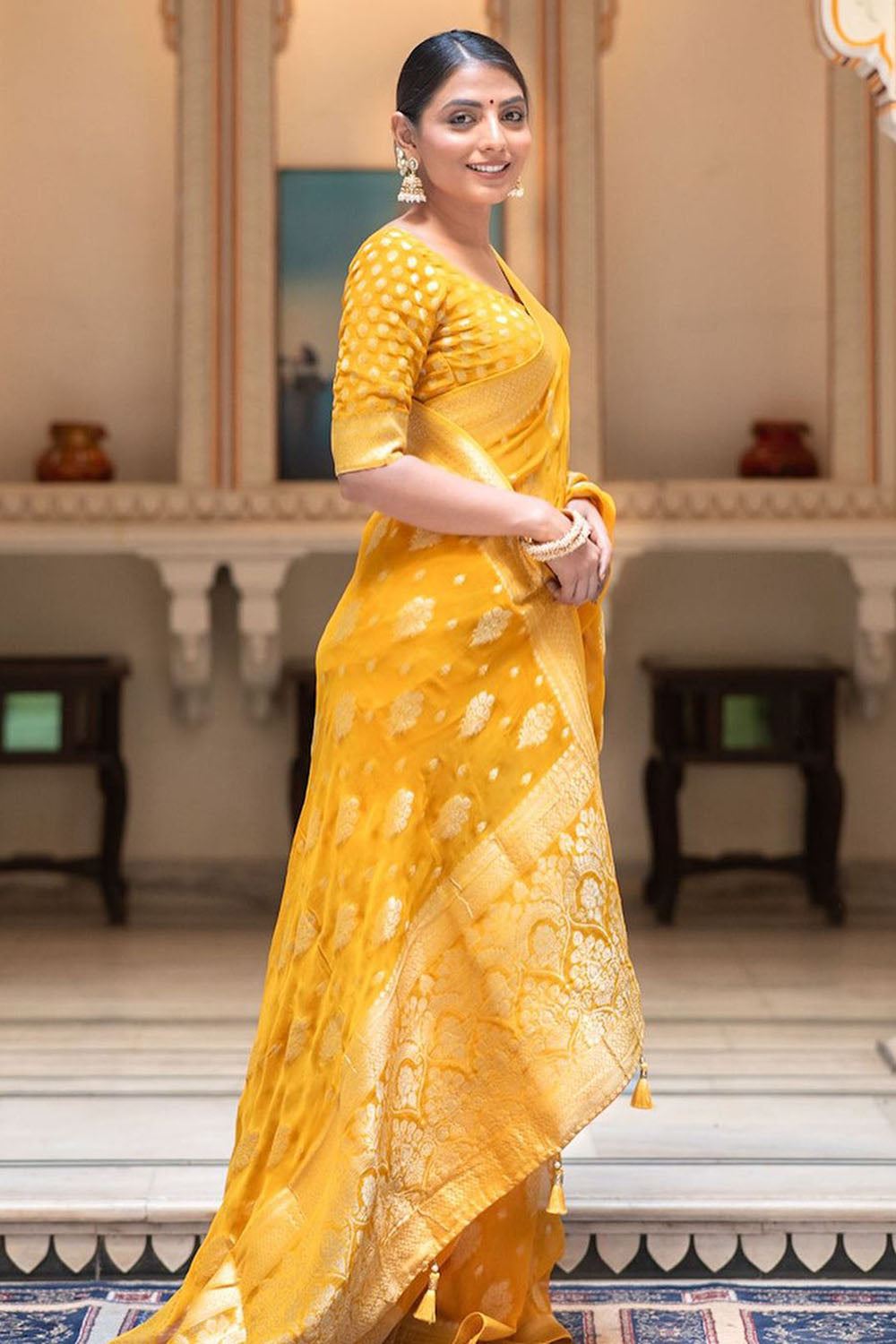 Yellow Cotton Saree With Weaving Work