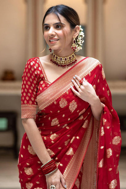 Red Cotton Saree With Weaving Work