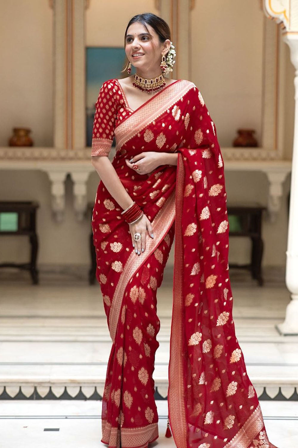 Red Cotton Saree With Weaving Work