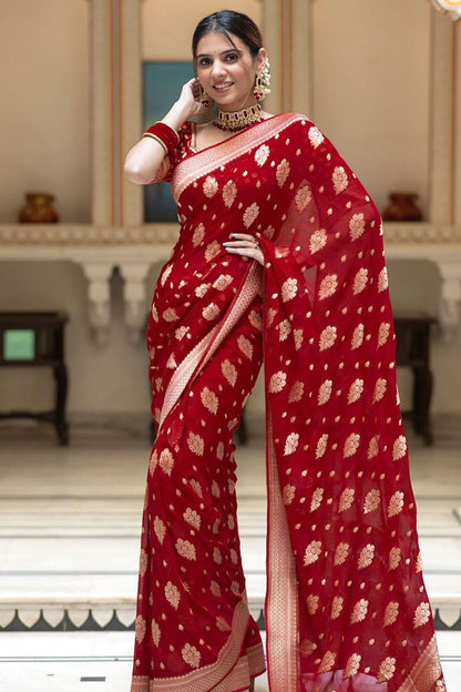 Red Cotton Saree With Weaving Work