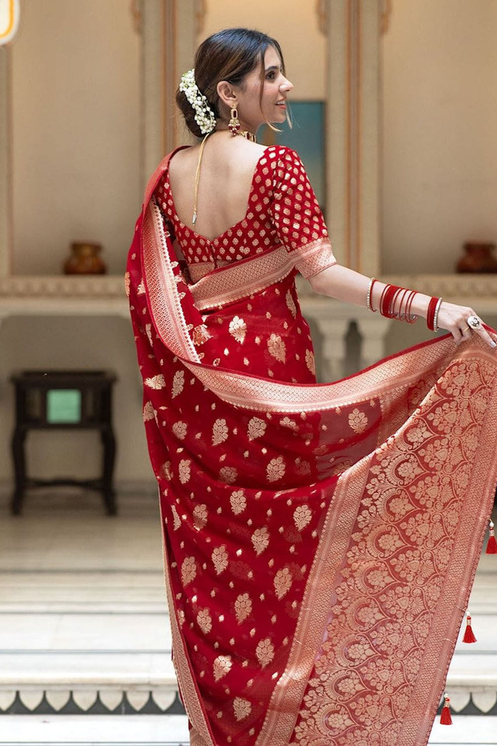 Red Cotton Saree With Weaving Work