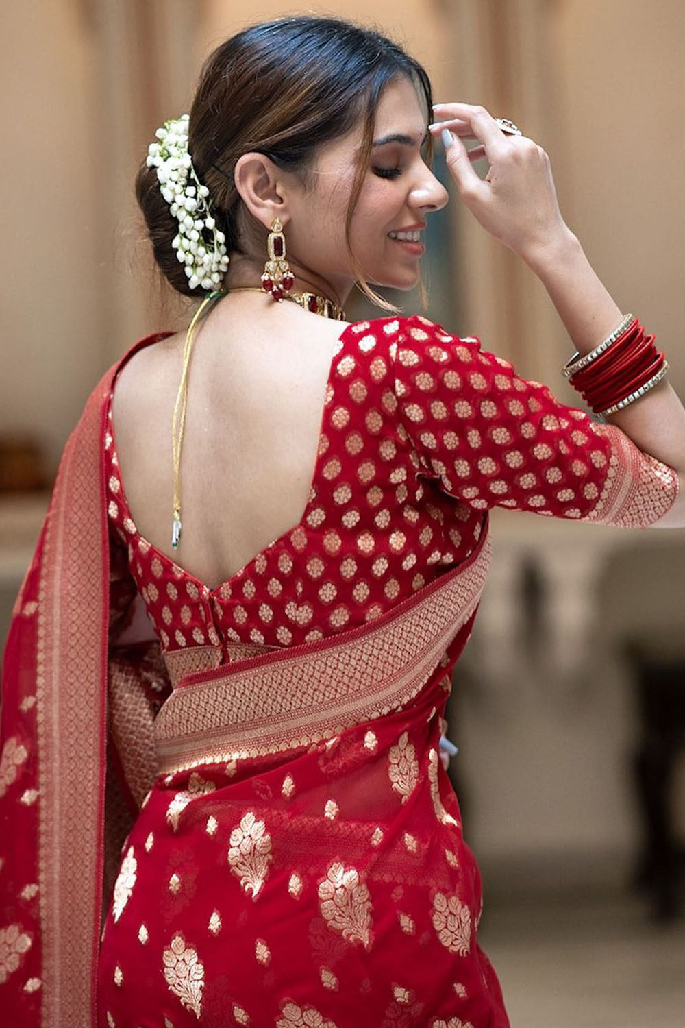 Red Cotton Saree With Weaving Work