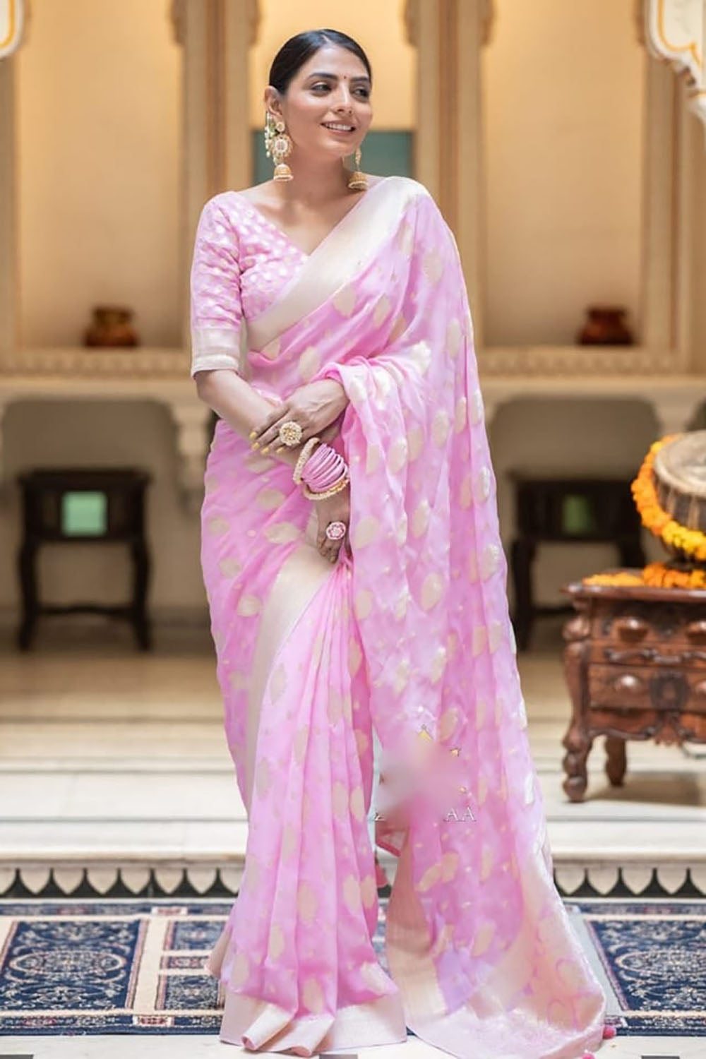 Baby Pink Cotton Saree With Weaving Work