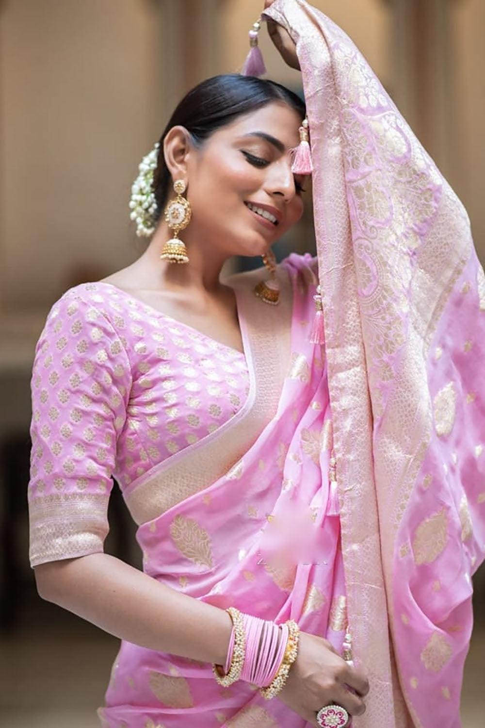 Baby Pink Cotton Saree With Weaving Work