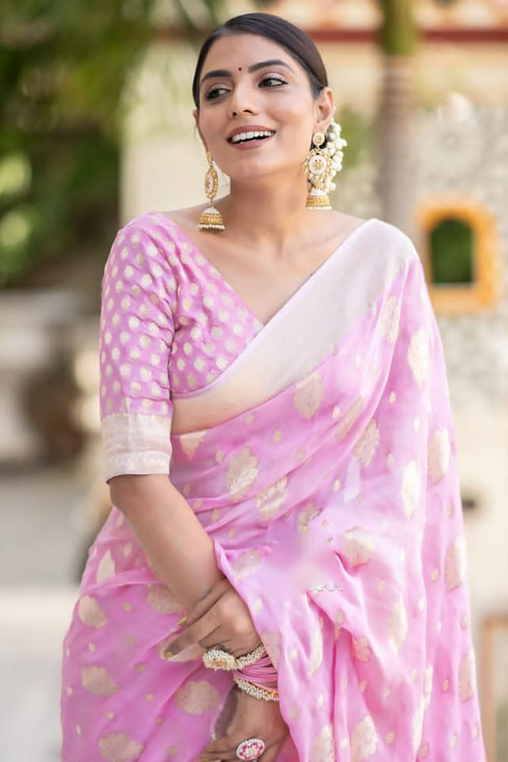 Baby Pink Cotton Saree With Weaving Work