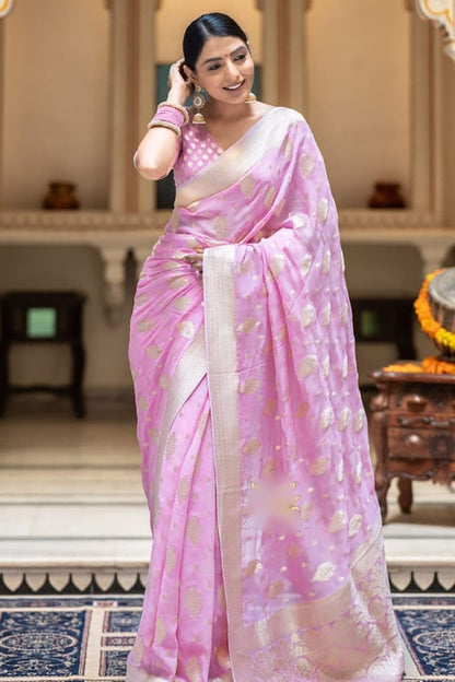 Baby Pink Cotton Saree With Weaving Work