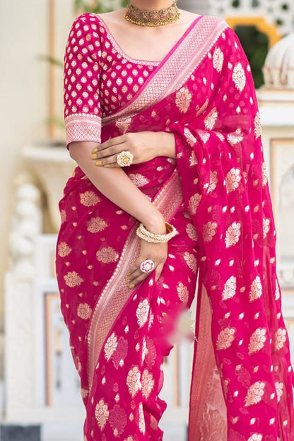 Pink Cotton Saree With Weaving Work