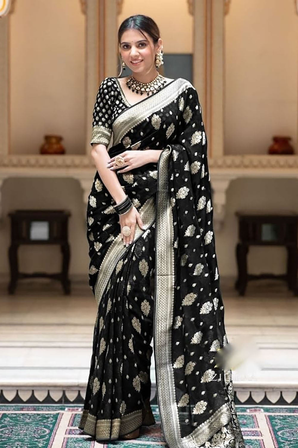 Black Cotton Saree With Weaving Work