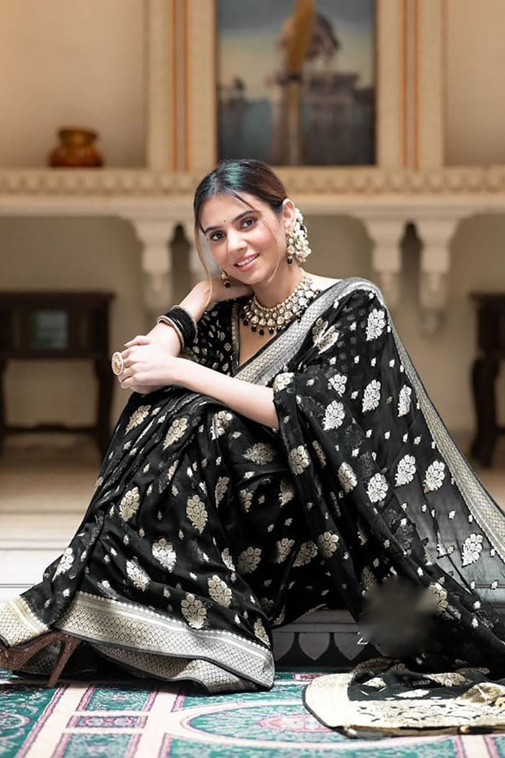 Black Cotton Saree With Weaving Work