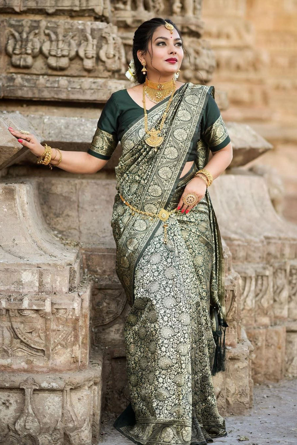 Juniper Green Kanjivaram Silk Saree With Zari Weaving Work