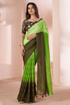 Alluring Green Striped Linen Saree With Shaded Print