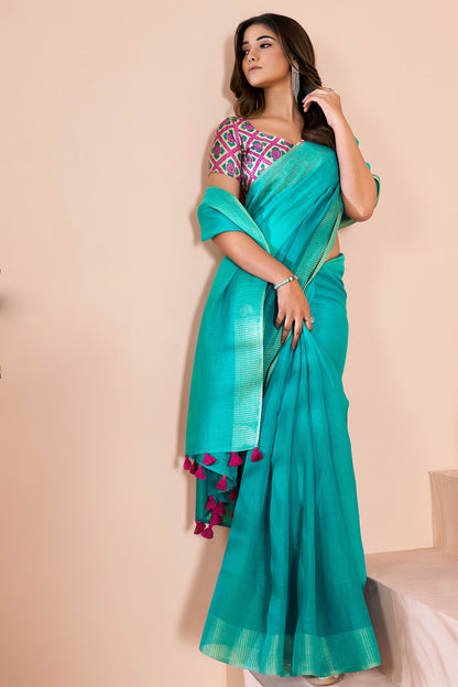 Turquoise Blue Linen Saree With Weaving Border