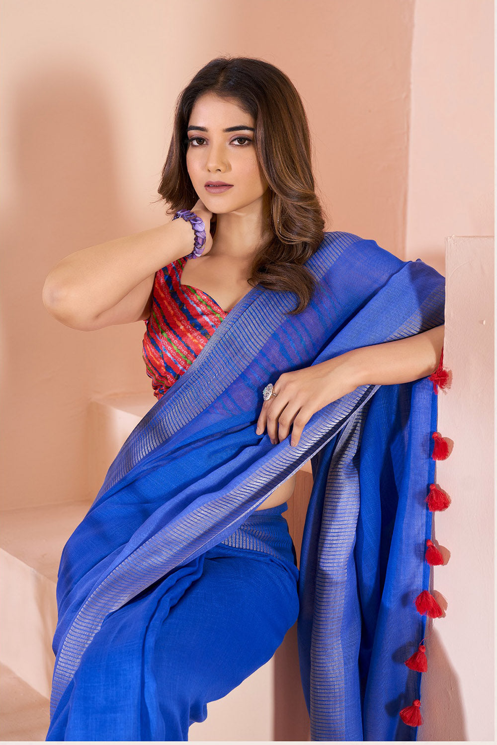 Beautiful Blue Linen Saree With Weaving Border