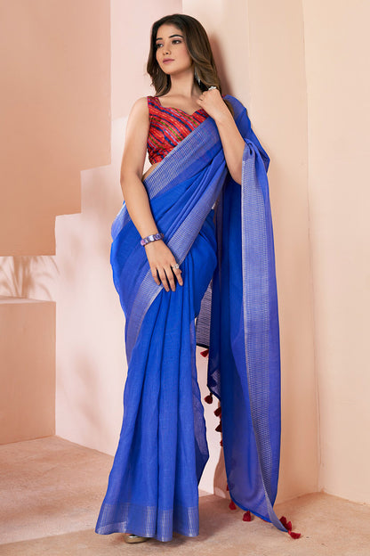 Beautiful Blue Linen Saree With Weaving Border