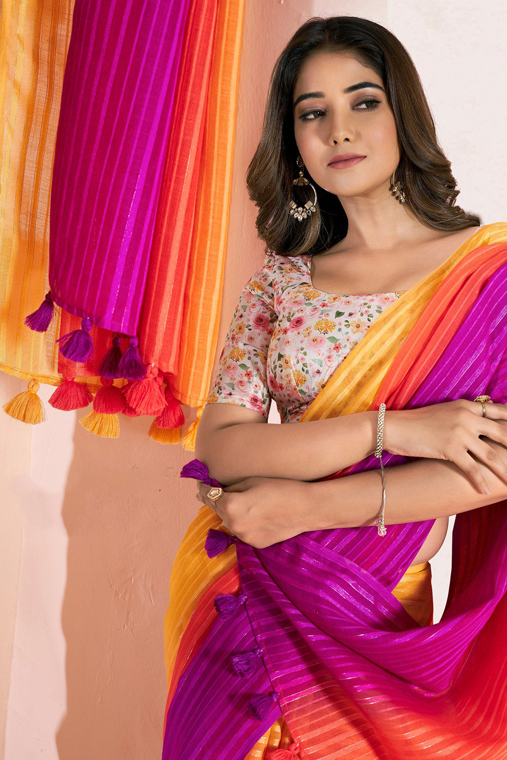 Trendy Magenta &amp; Yellow Striped Linen Saree With Shaded Print