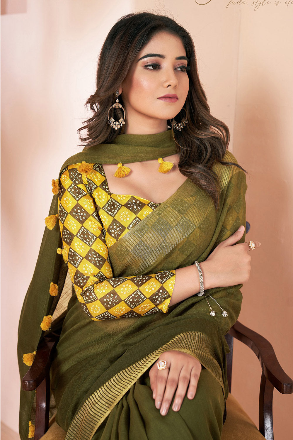 Army Green Linen Saree With Weaving Border