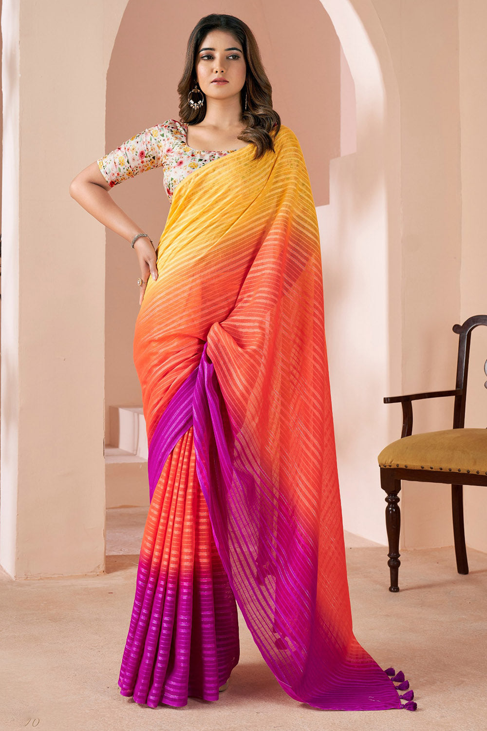 Trendy Magenta &amp; Yellow Striped Linen Saree With Shaded Print