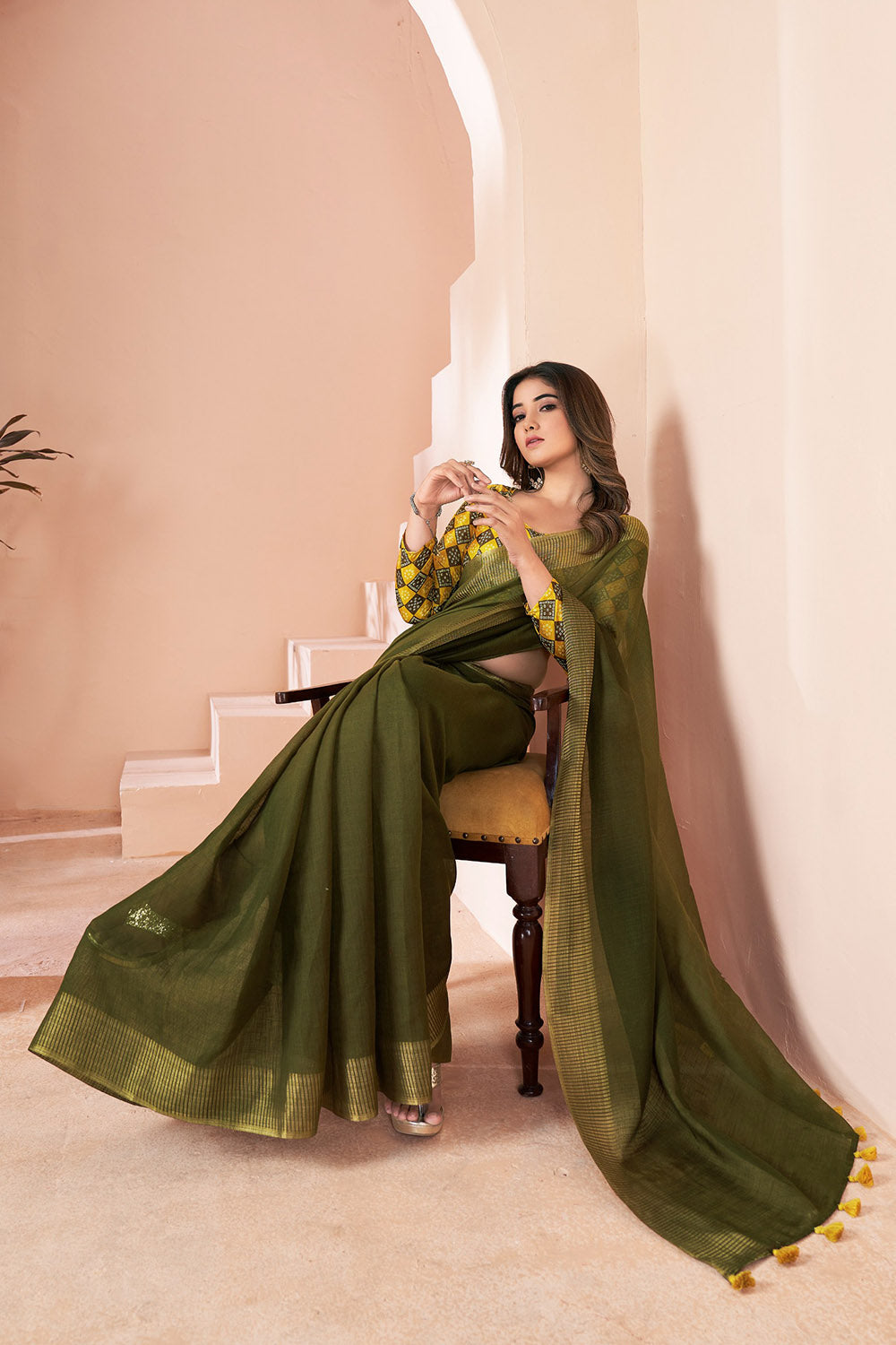 Army Green Linen Saree With Weaving Border