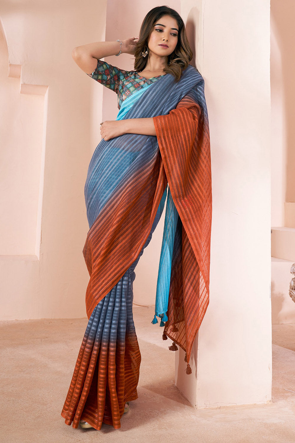 Burnt Orange &amp; Blue Striped Linen Saree With Shaded Print