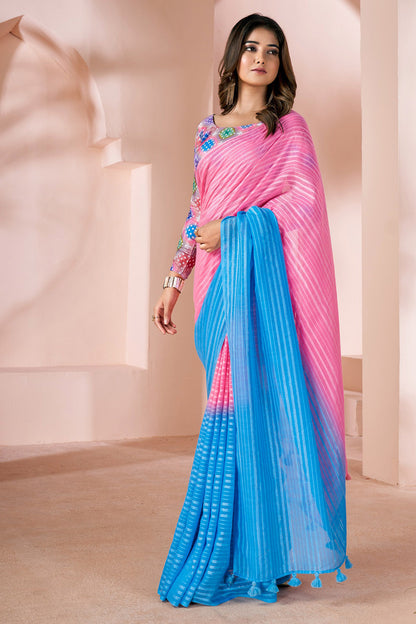 Sky Blue &amp; Taffy Pink Striped Linen Saree With Shaded Print