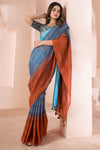 Burnt Orange & Blue Striped Linen Saree With Shaded Print