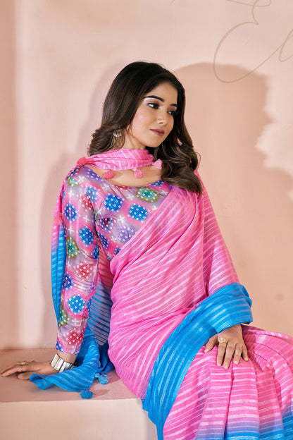 Sky Blue &amp; Taffy Pink Striped Linen Saree With Shaded Print