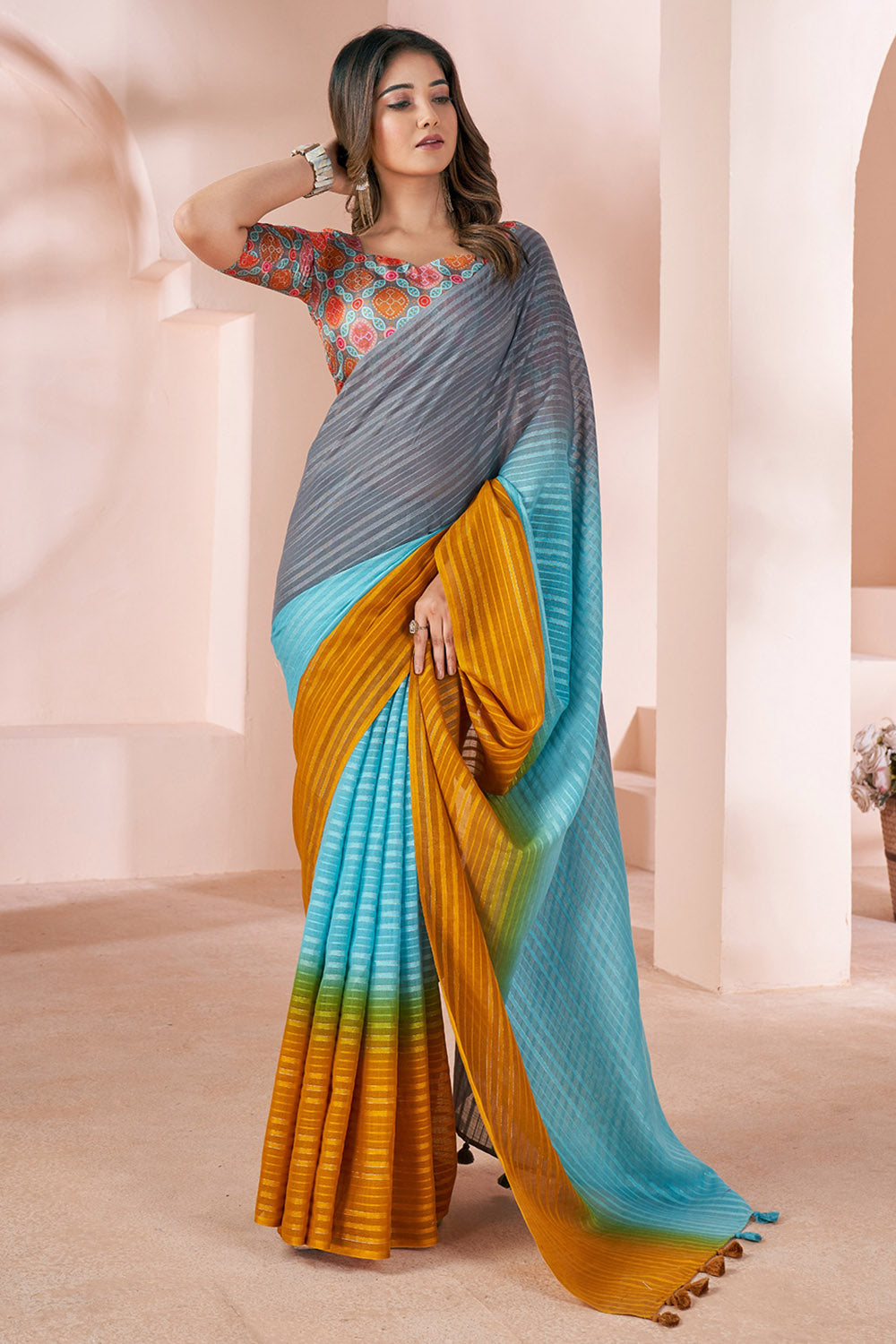 Mustard Yellow &amp; Dark Gray Striped Linen Saree With Shaded Print