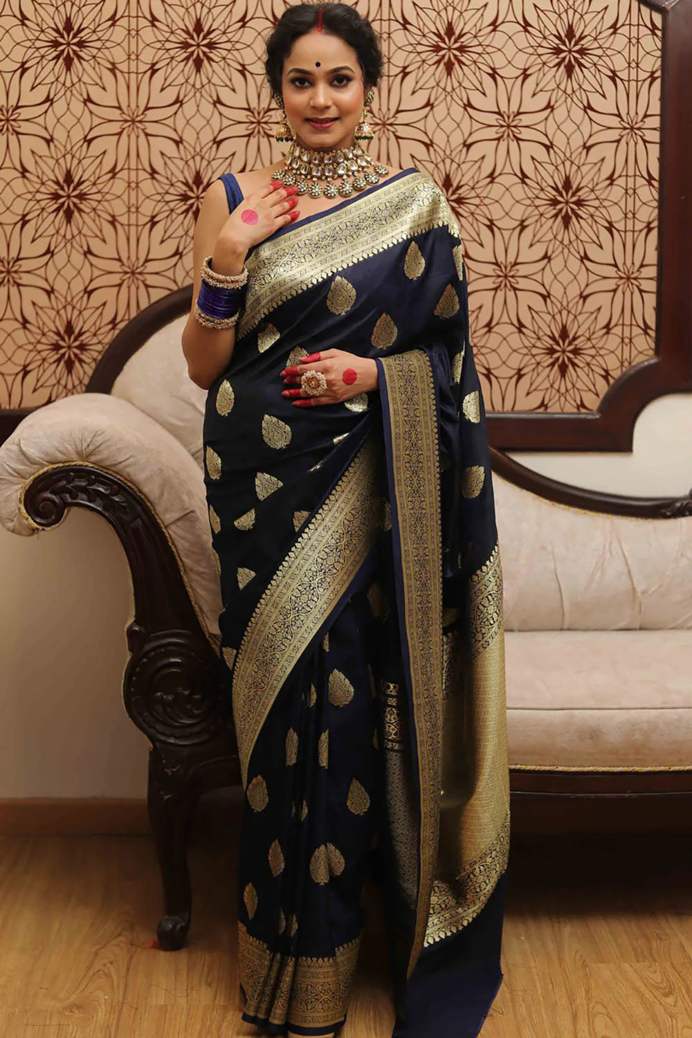 Dark Navy Blue Banarasi Silk Saree With Zari Weaving Work