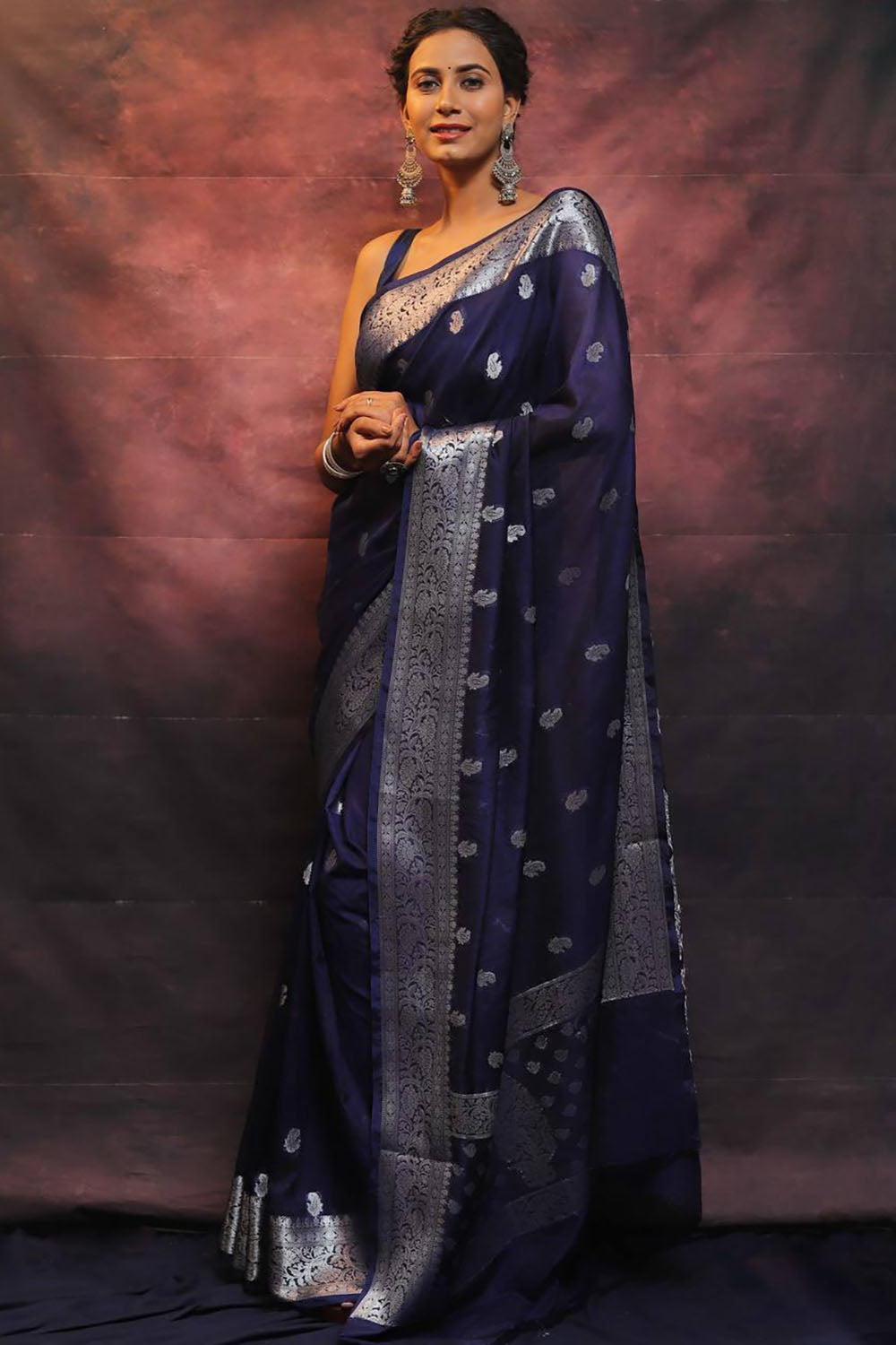 Navy Blue woven Soft Banarasi Saree