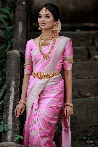 Taffy Pink Banarasi Silk Saree With Zari Weaving Work