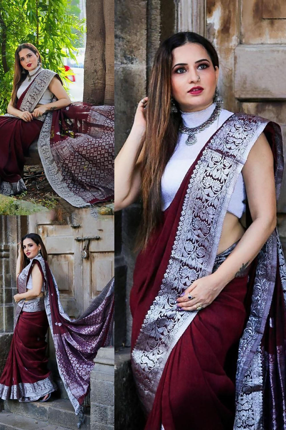 Dark Maroon Banarasi Silk Saree With Zari Weaving Work