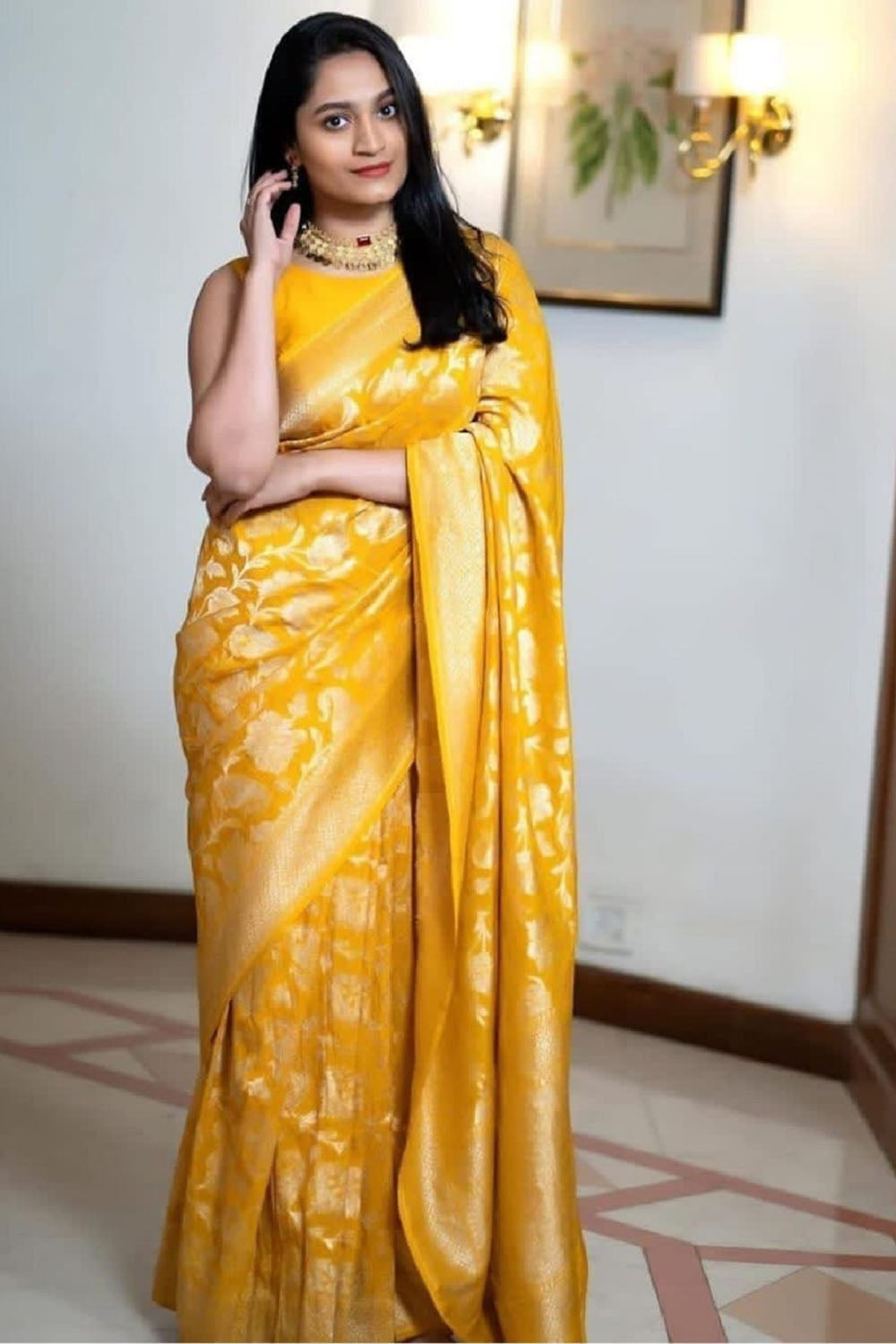 Beautiful Yellow Banarasi Silk Saree With Zari Weaving Work