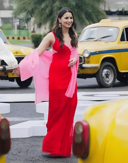 Alia Bhatt Soft Georgette Red and Pink Saree