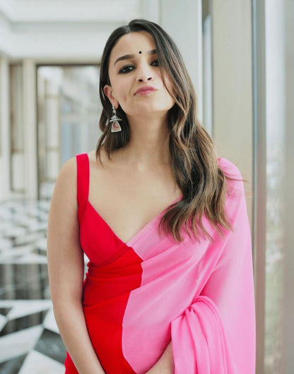 Alia Bhatt Soft Georgette Red and Pink Saree