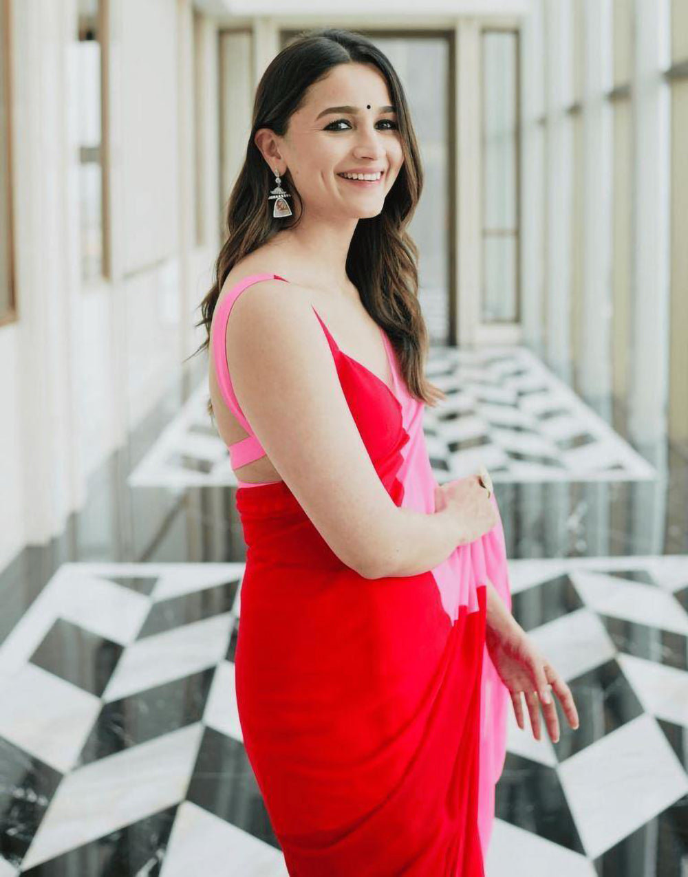 Alia Bhatt Soft Georgette Red and Pink Saree