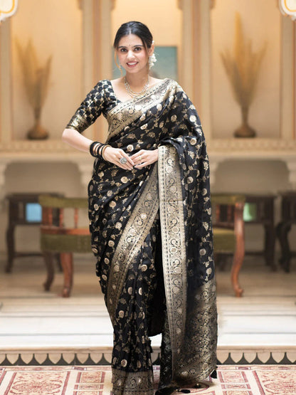 Hira Black Banarasi Silk Saree With Amazing Blouse Piece