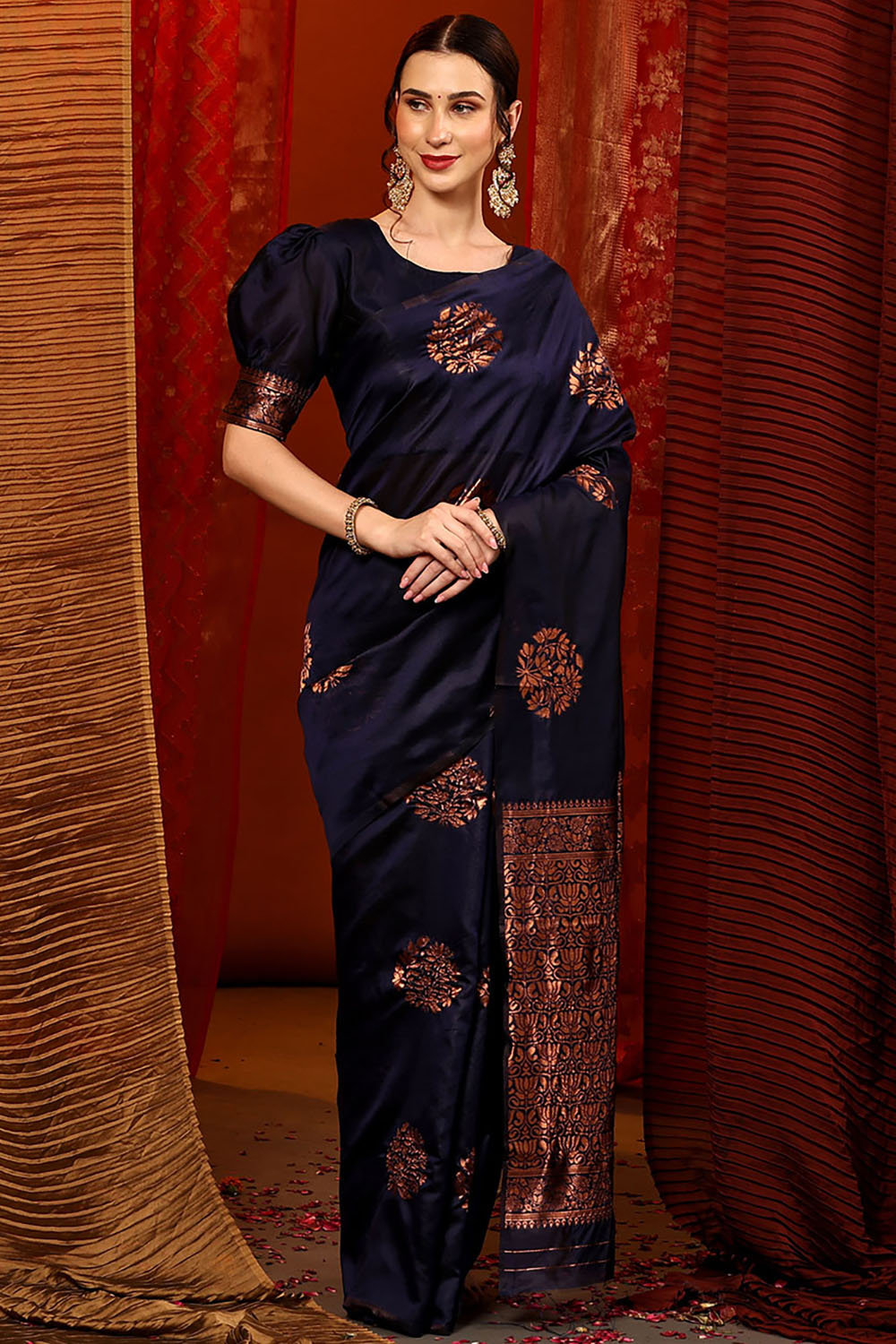 Navy Blue Soft Silk Saree With Weaving Work