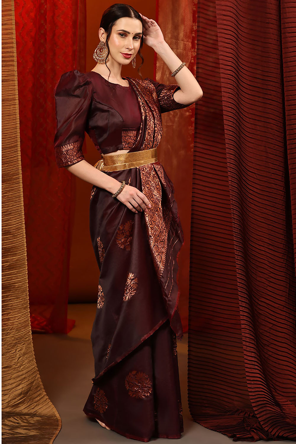 Dark Brown Soft Silk Saree With Weaving Work