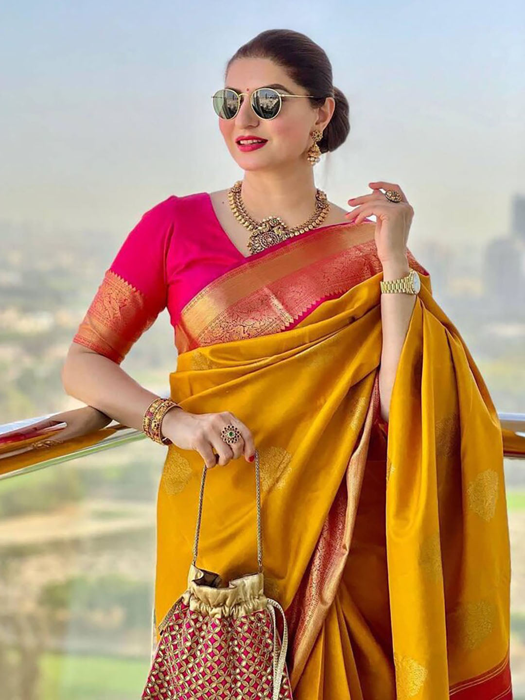 Yellow And Pink Colour Jacquard Border Silk Sarees