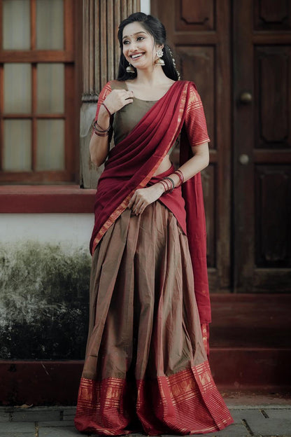 Brown &amp; Marron Premium Cotton Silk Jacquard Half Lehenga Saree