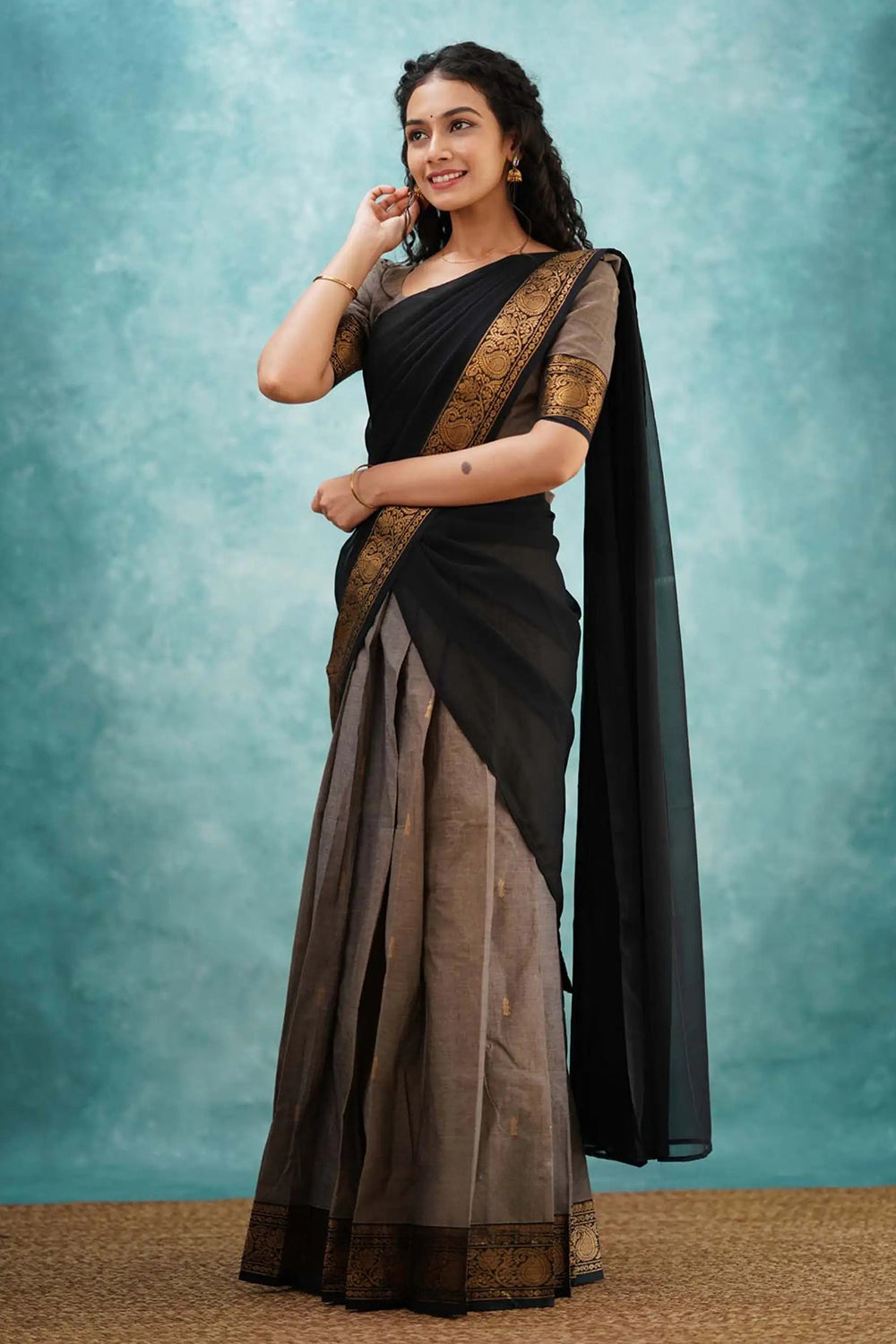 Grey &amp; Black Designer Cotton Silk Jacquard Half Lehenga Saree