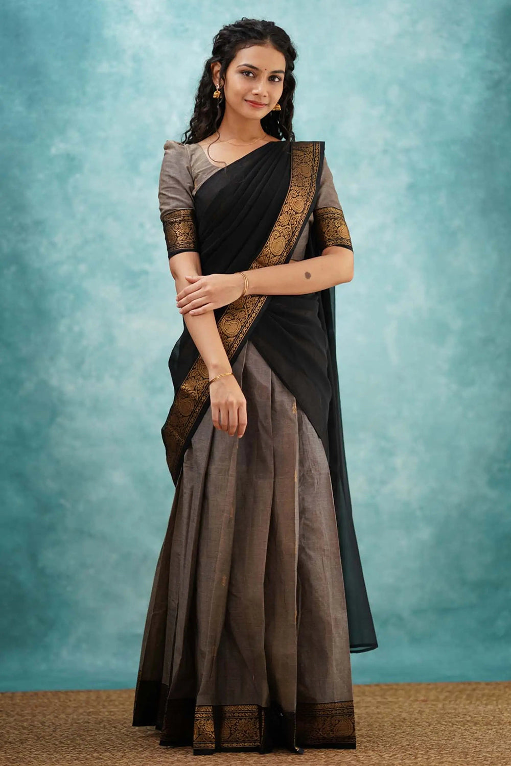 Grey &amp; Black Designer Cotton Silk Jacquard Half Lehenga Saree