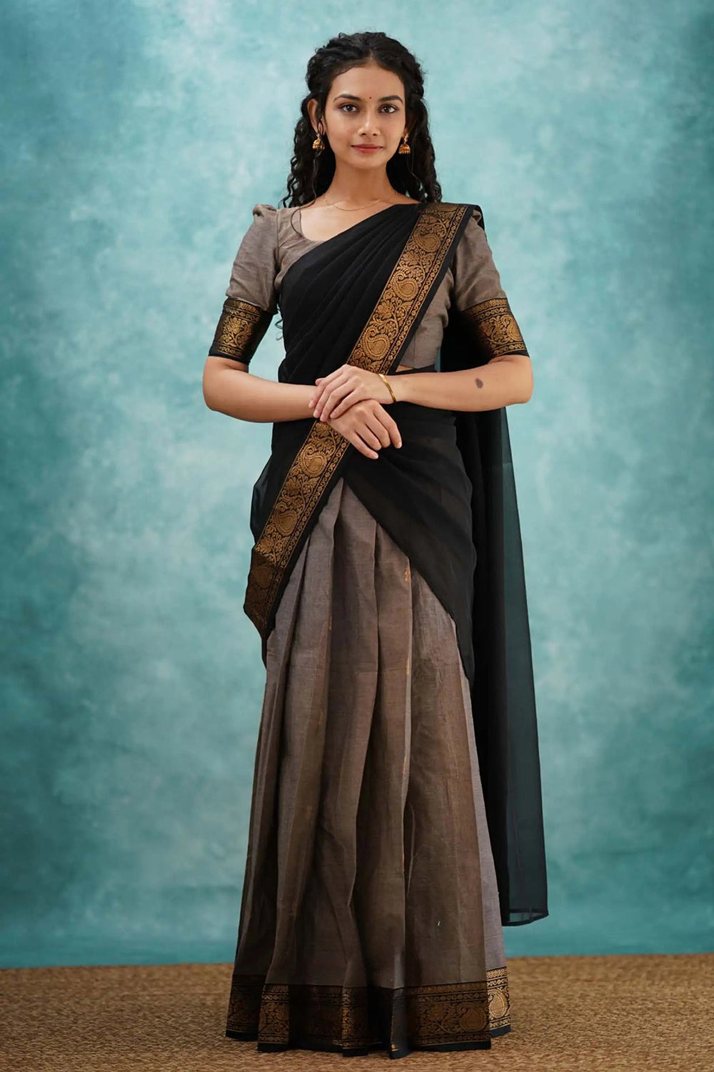 Grey &amp; Black Designer Cotton Silk Jacquard Half Lehenga Saree