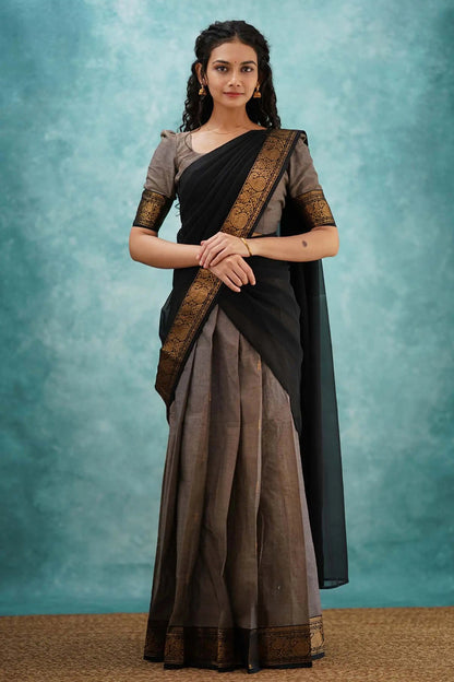 Grey &amp; Black Designer Cotton Silk Jacquard Half Lehenga Saree