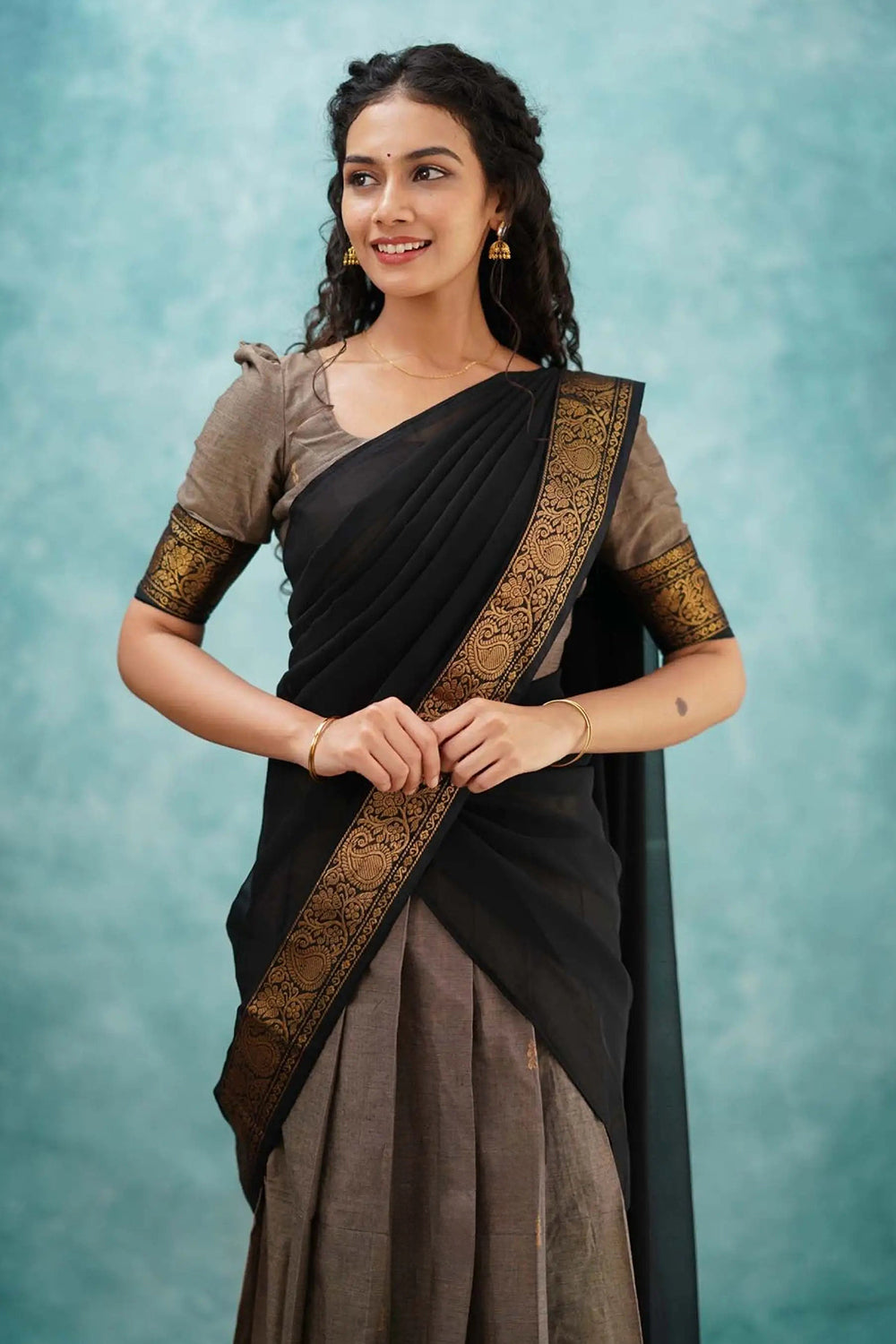 Grey &amp; Black Designer Cotton Silk Jacquard Half Lehenga Saree