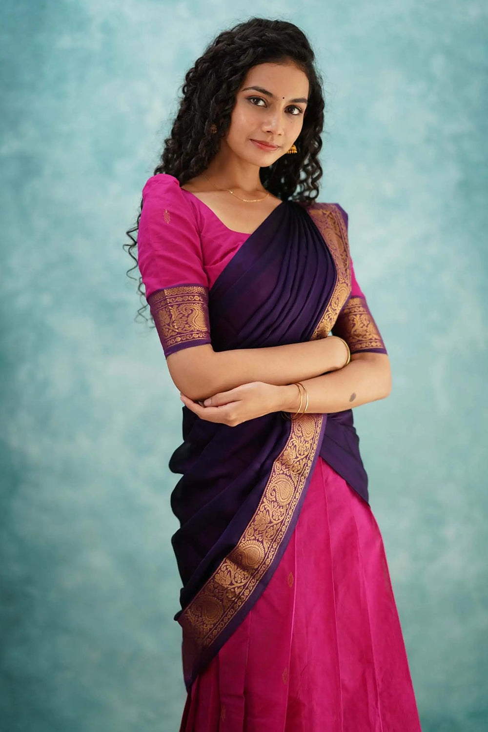 Pink &amp; Purple Designer Cotton Silk Jacquard Half Lehenga Saree